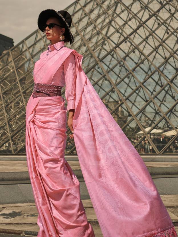 Pink Elegant Banarasi Silk Blend Woven Saree with Tassel Detailing ClothsVilla Main image