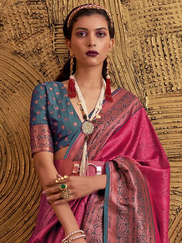 Pink Elegant Banarasi Silk Blend Woven Saree with Tassel Detailing Secondary image