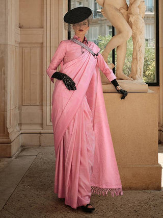 Pink Elegant Banarasi Silk Blend Woven Saree with Tassel Detailing ClothsVilla