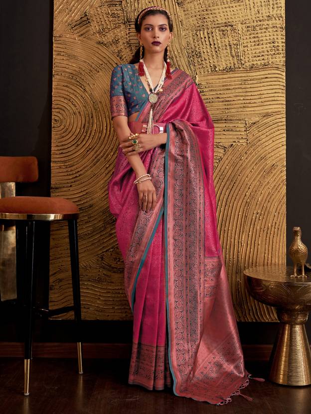 Pink Elegant Banarasi Silk Blend Woven Saree with Tassel Detailing ClothsVilla