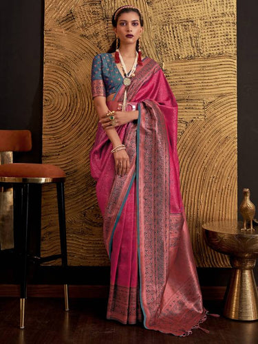 Pink Elegant Banarasi Silk Blend Woven Saree with Tassel Detailing ClothsVilla