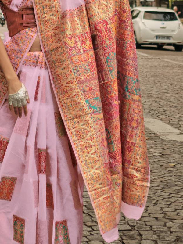 Pink Elegant Banarasi Silk Blend Woven Saree with Unstitched Blouse Piece ClothsVilla