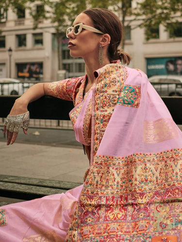 Pink Elegant Banarasi Silk Blend Woven Saree with Unstitched Blouse Piece ClothsVilla