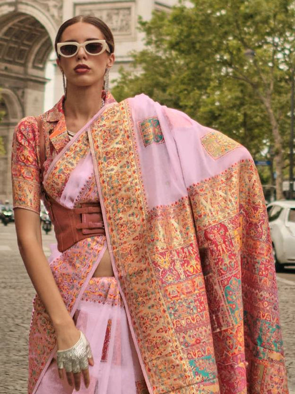 Pink Elegant Banarasi Silk Blend Woven Saree with Unstitched Blouse Piece ClothsVilla