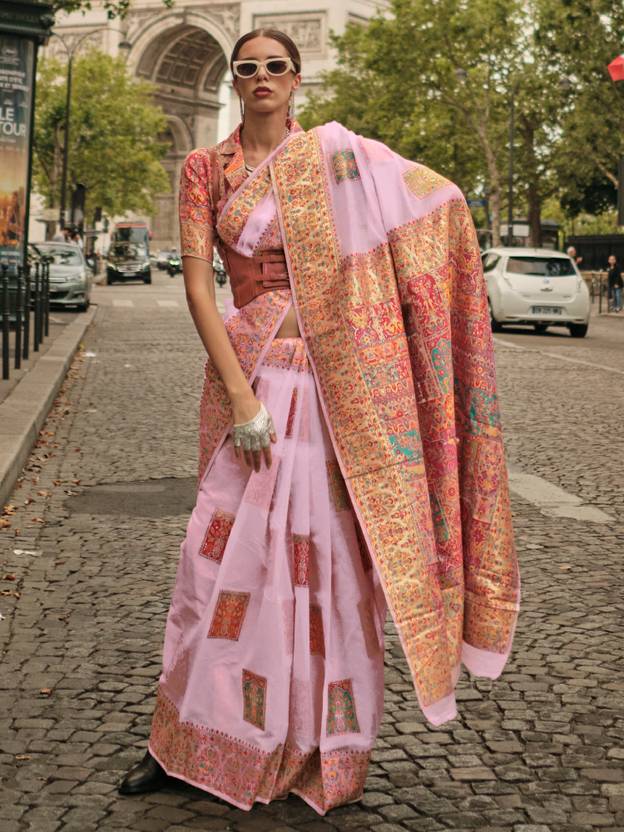 Pink Elegant Banarasi Silk Blend Woven Saree with Unstitched Blouse Piece ClothsVilla