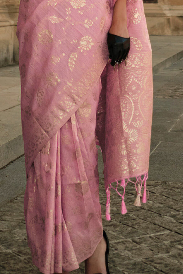 Pink Elegant Banarasi Silk Saree with Zari Weaving Blouse Pieces ClothsVilla
