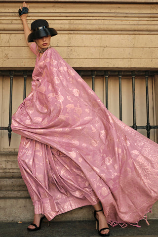 Pink Elegant Banarasi Silk Saree with Zari Weaving Blouse Pieces ClothsVilla