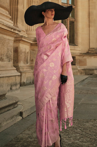 Pink Elegant Banarasi Silk Saree with Zari Weaving Blouse Pieces ClothsVilla