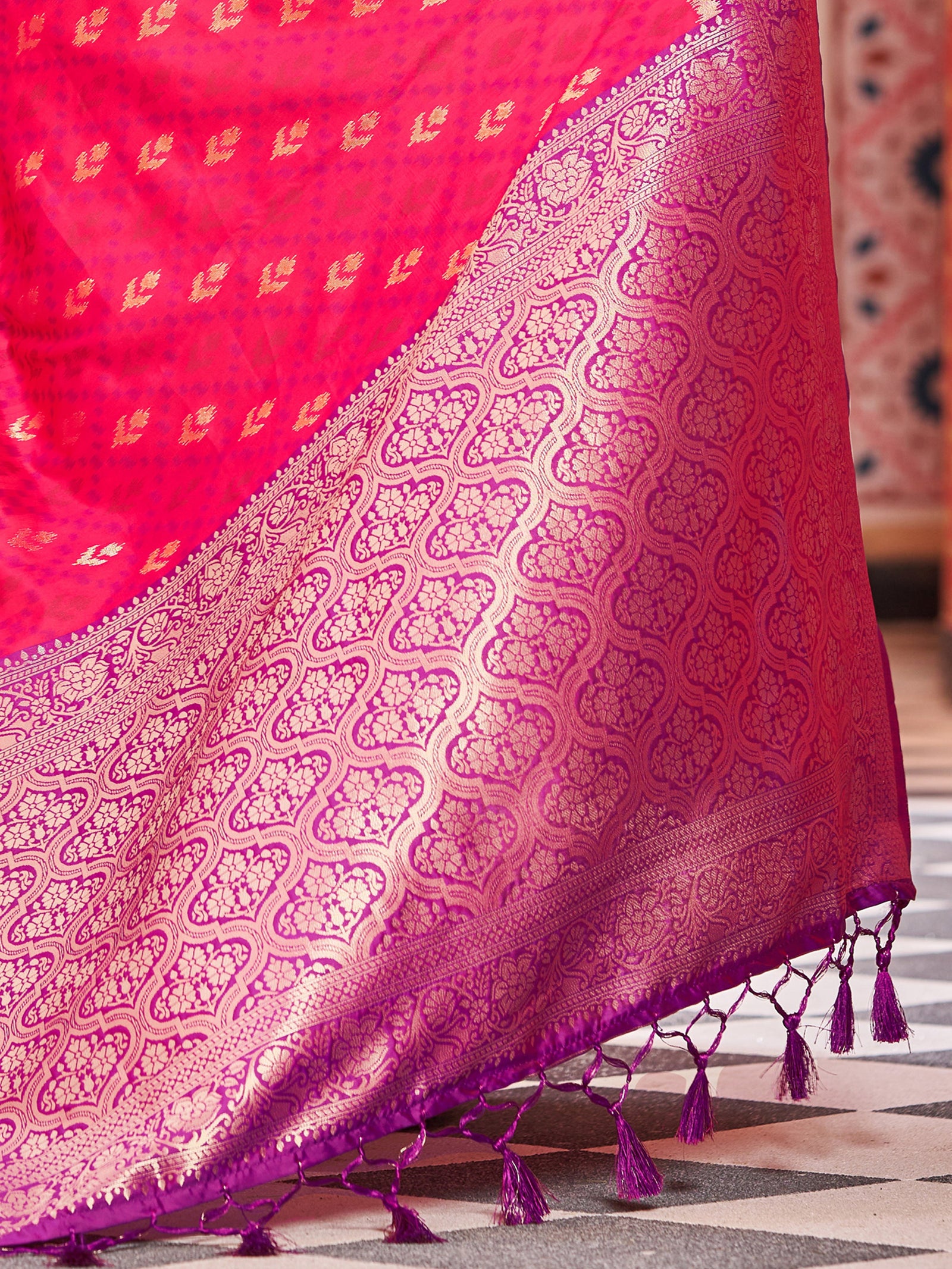 Pink Elegant Banarasi Tissue Silk Saree with Zari Woven Design ClothsVilla