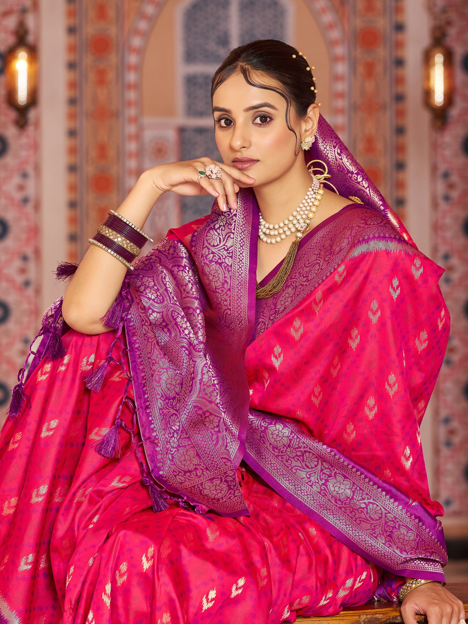 Pink Elegant Banarasi Tissue Silk Saree with Zari Woven Design ClothsVilla
