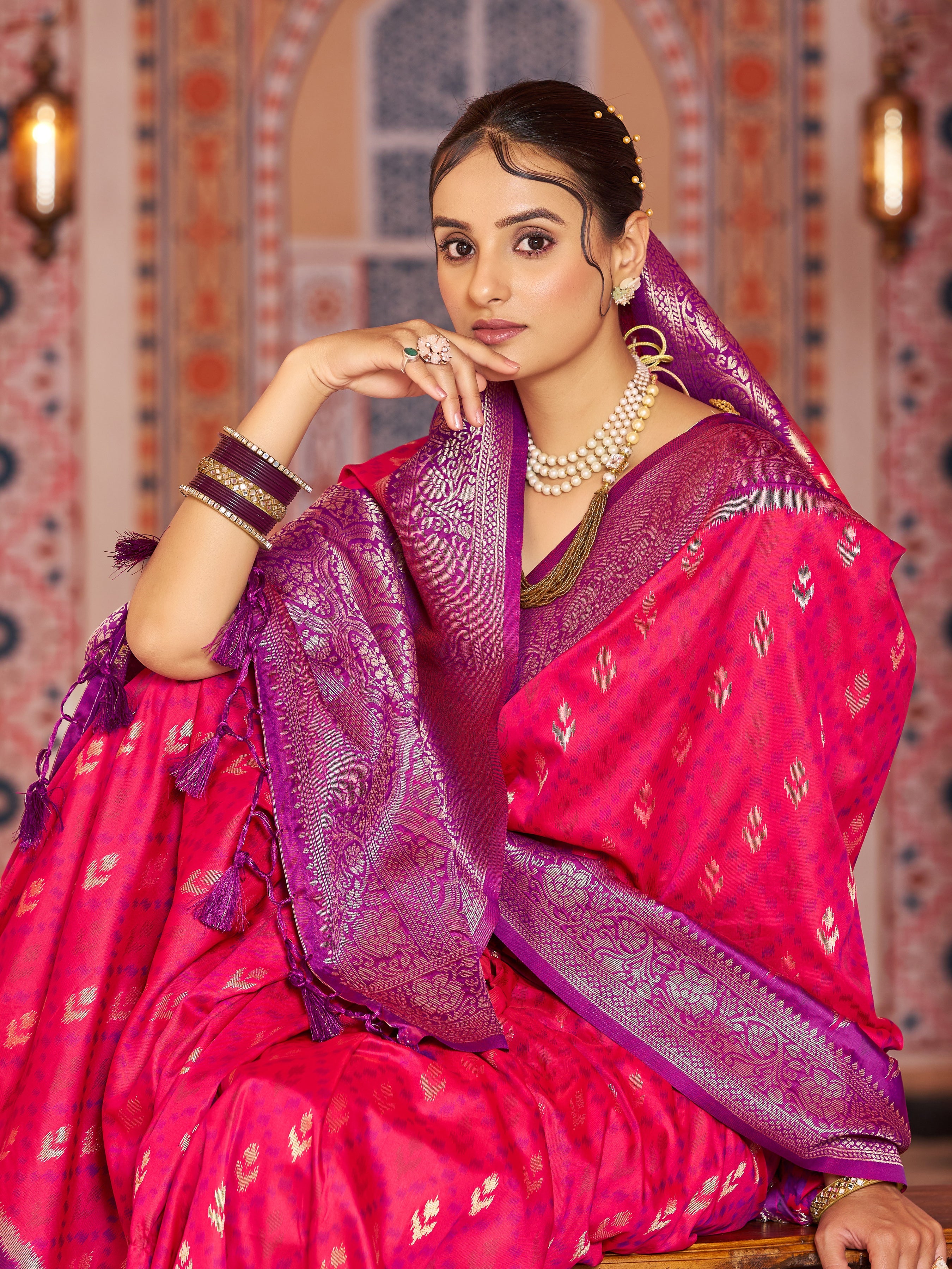 Pink Elegant Banarasi Tissue Silk Saree with Zari Woven Design ClothsVilla Main image