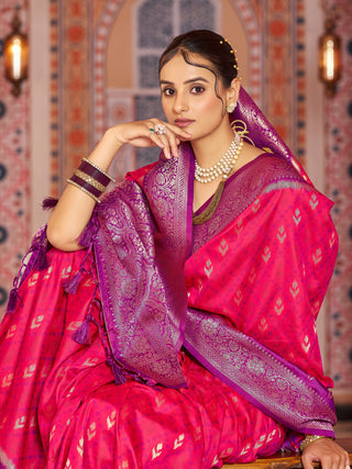 Pink Elegant Banarasi Tissue Silk Saree with Zari Woven Design ClothsVilla