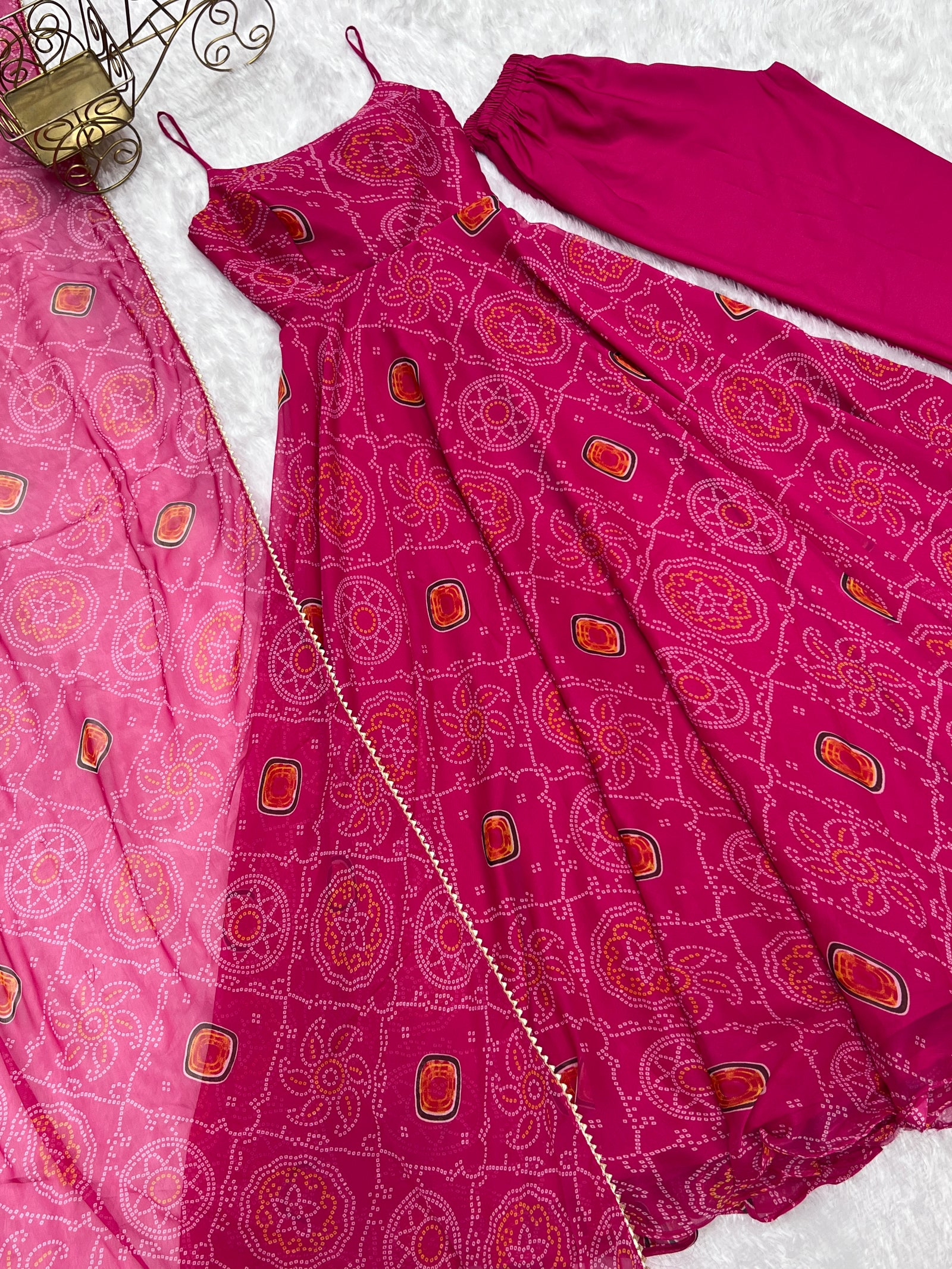 Pink Elegant Bandhej Chiffon Anarkali Gown Set – Lightweight & Stylish