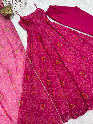 Pink Elegant Bandhej Chiffon Anarkali Gown Set – Lightweight & Stylish