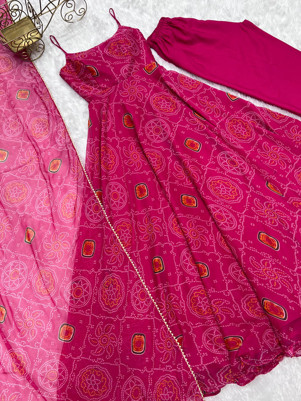 Pink Elegant Bandhej Chiffon Anarkali Gown Set – Lightweight & Stylish