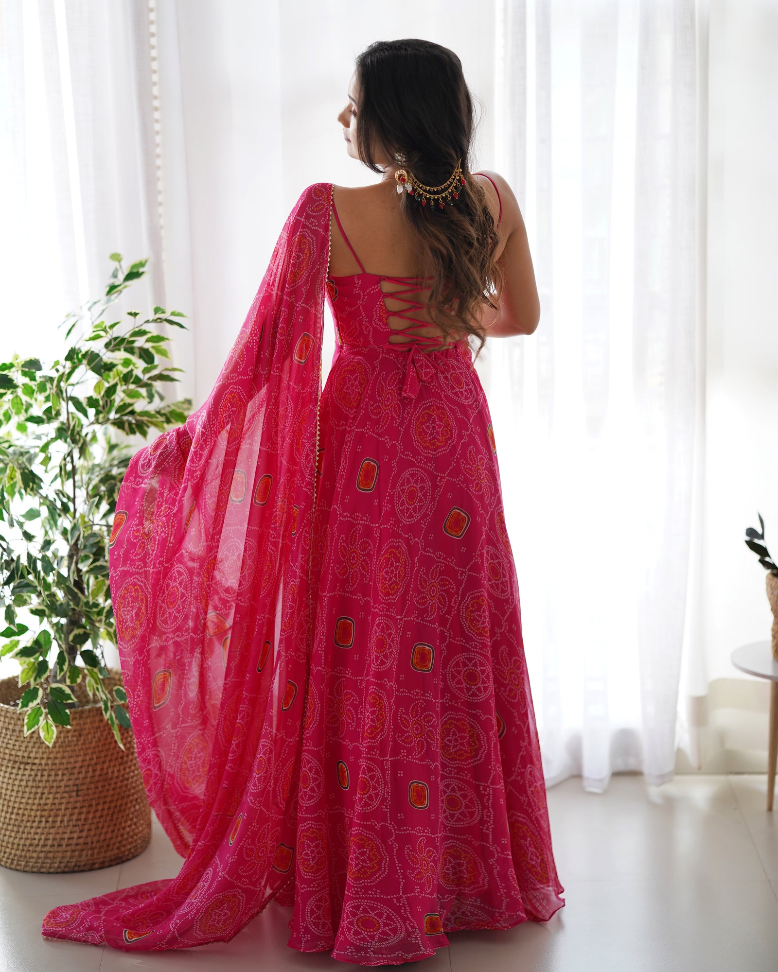 Pink Elegant Bandhej Chiffon Anarkali Gown Set – Lightweight & Stylish