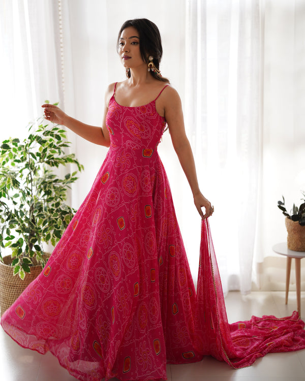 Pink Elegant Bandhej Chiffon Anarkali Gown Set – Lightweight & Stylish