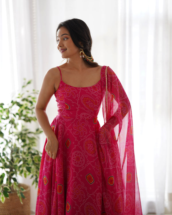 Pink Elegant Bandhej Chiffon Anarkali Gown Set – Lightweight & Stylish