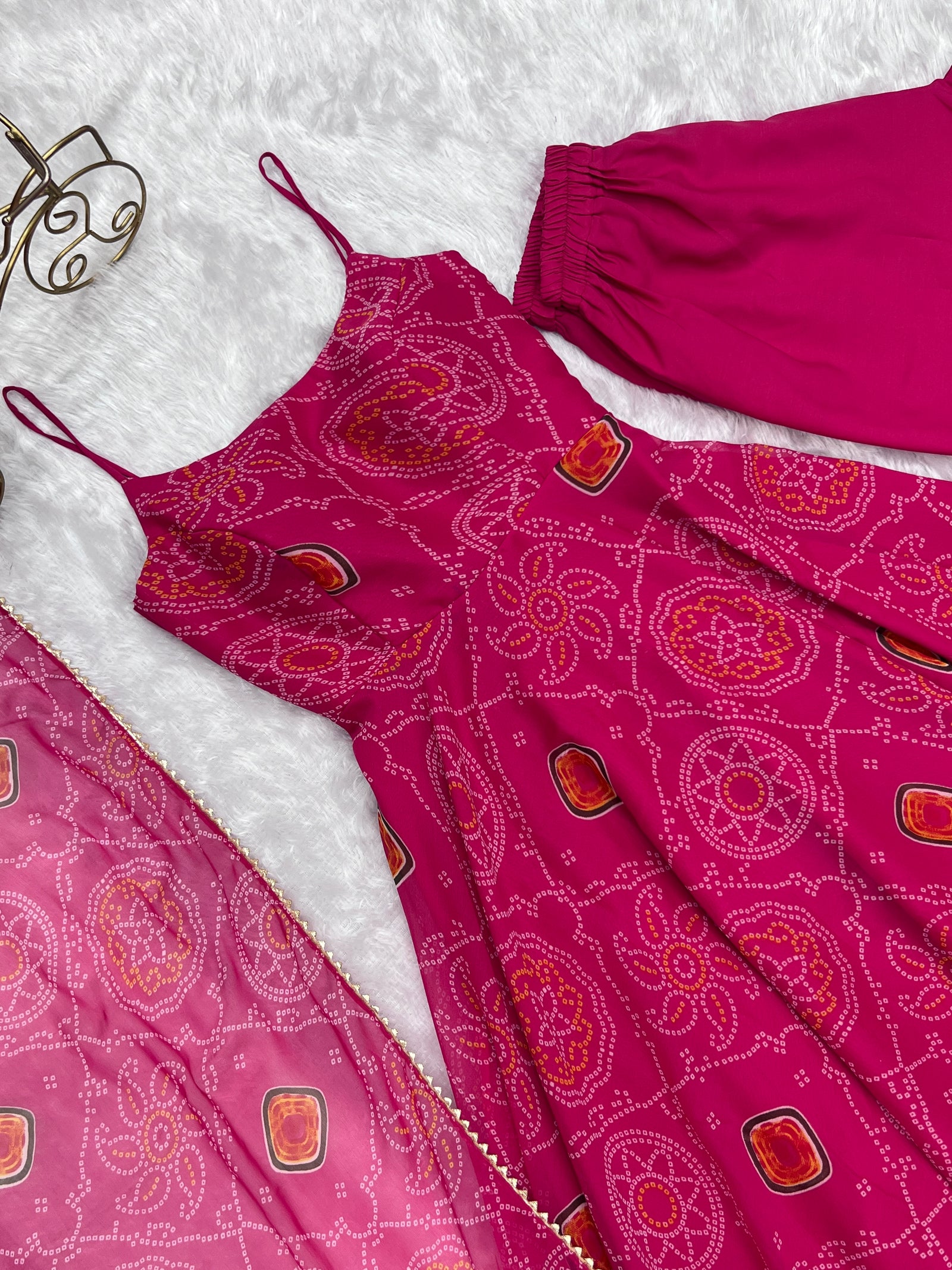 Pink Elegant Bandhej Chiffon Anarkali Gown Set – Lightweight & Stylish