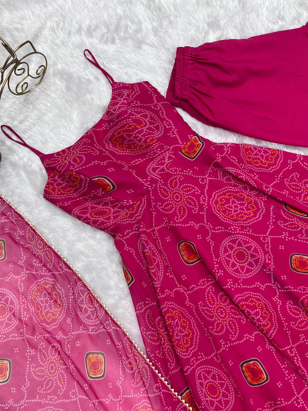 Pink Elegant Bandhej Chiffon Anarkali Gown Set – Lightweight & Stylish