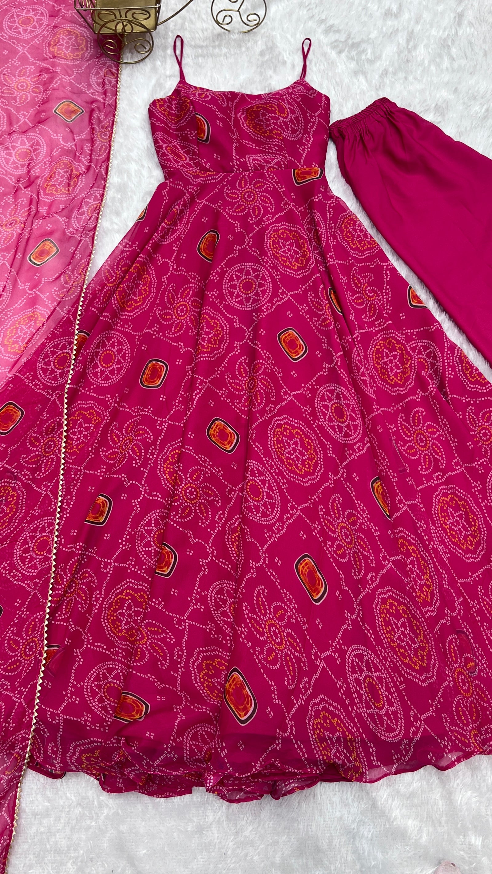 Pink Elegant Bandhej Chiffon Anarkali Gown Set – Lightweight & Stylish