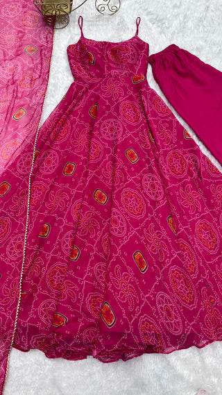 Pink Elegant Bandhej Chiffon Anarkali Gown Set – Lightweight & Stylish