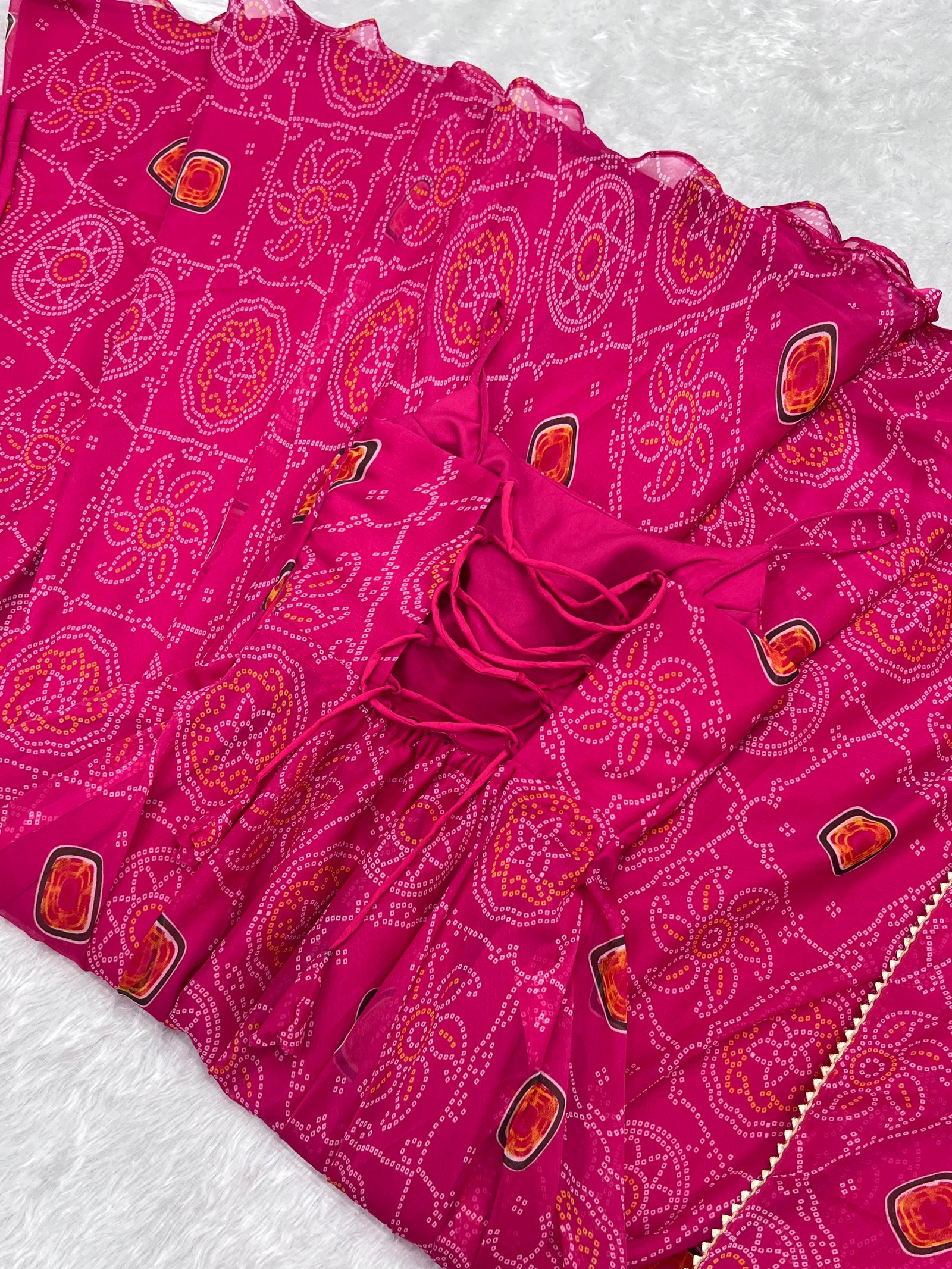 Pink Elegant Bandhej Chiffon Anarkali Gown Set – Lightweight & Stylish