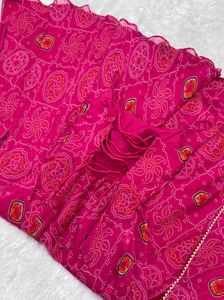 Pink Elegant Bandhej Chiffon Anarkali Gown Set – Lightweight & Stylish