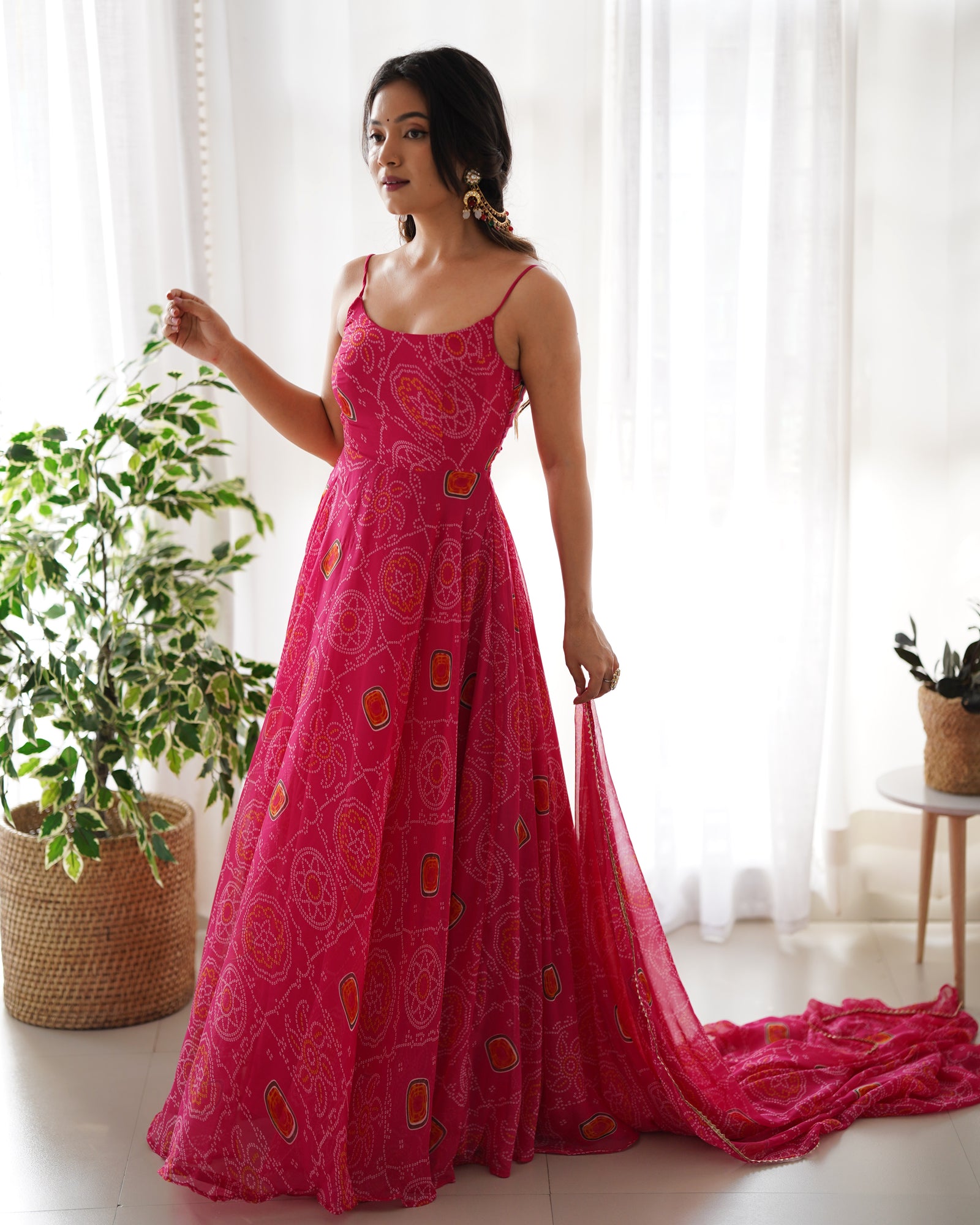 Pink Elegant Bandhej Chiffon Anarkali Gown Set – Lightweight & Stylish