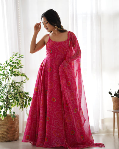 Pink Elegant Bandhej Chiffon Anarkali Gown Set – Lightweight & Stylish