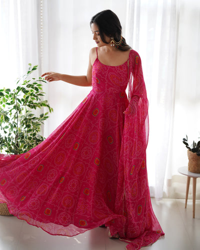 Pink Elegant Bandhej Chiffon Anarkali Gown Set – Lightweight & Stylish