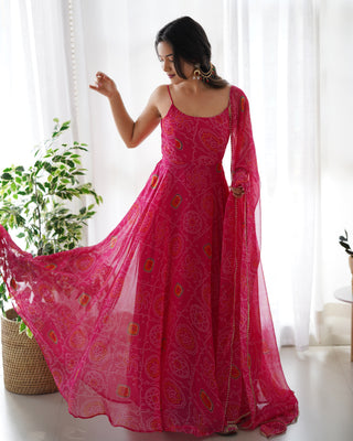 Pink Elegant Bandhej Chiffon Anarkali Gown Set – Lightweight & Stylish