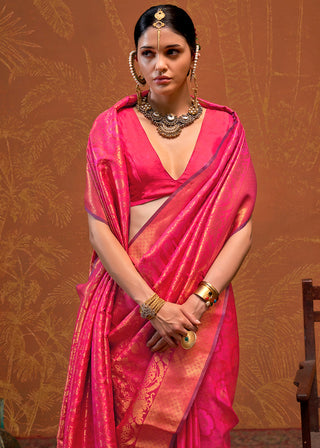 Pink Elegant Blended Silk Banarasi Saree with Blouse Piece – Timeless Traditional Charm ClothsVilla