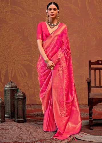Pink Elegant Blended Silk Banarasi Saree with Blouse Piece – Timeless Traditional Charm ClothsVilla