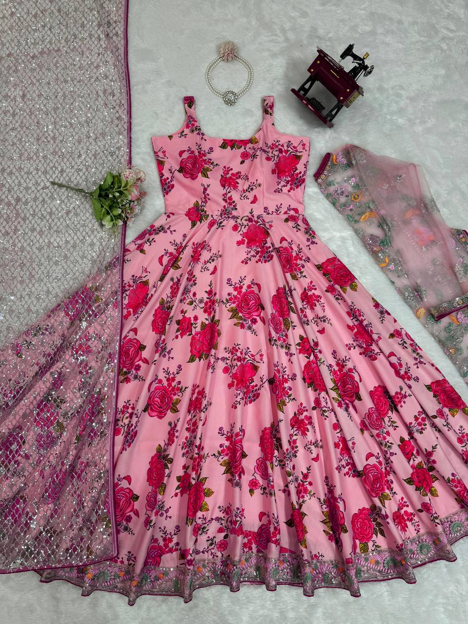 Pink Elegant Butterfly Net Designer Gown Set ClothsVilla
