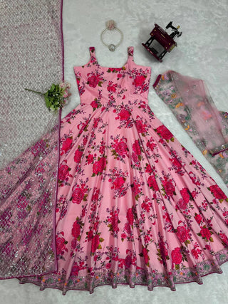 Pink Elegant Butterfly Net Designer Gown Set ClothsVilla