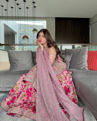 Pink Elegant Butterfly Net Designer Gown Set ClothsVilla