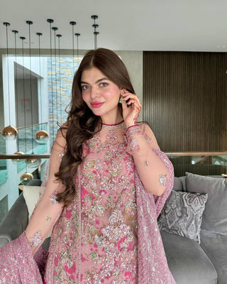 Pink Elegant Butterfly Net Designer Gown Set ClothsVilla
