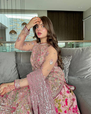 Pink Elegant Butterfly Net Designer Gown Set ClothsVilla