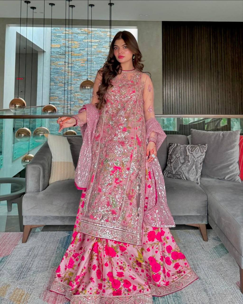 Pink Elegant Butterfly Net Designer Gown Set ClothsVilla