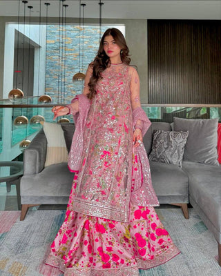 Pink Elegant Butterfly Net Designer Gown Set ClothsVilla