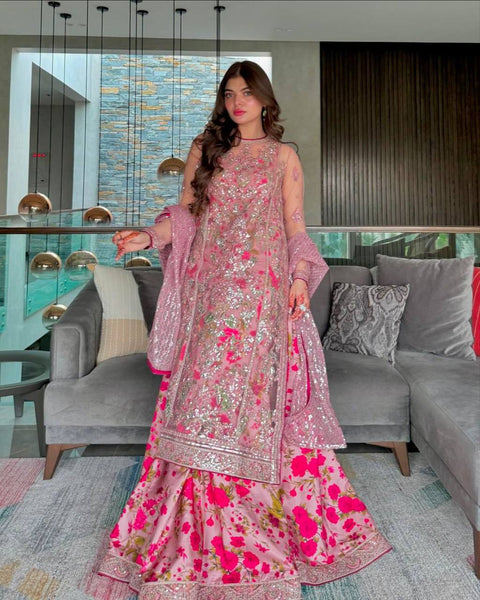 Pink Elegant Butterfly Net Designer Gown Set ClothsVilla Main image