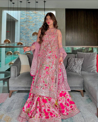 Pink Elegant Butterfly Net Designer Gown Set ClothsVilla