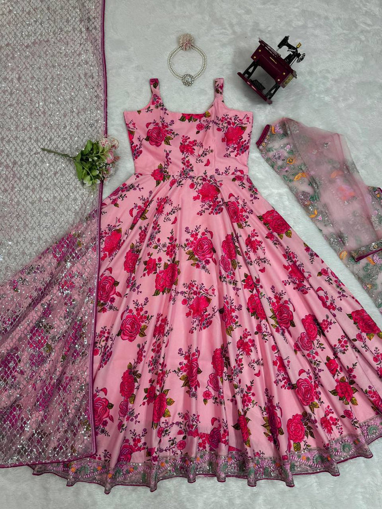 Pink Elegant Butterfly Net Designer Gown Set ClothsVilla