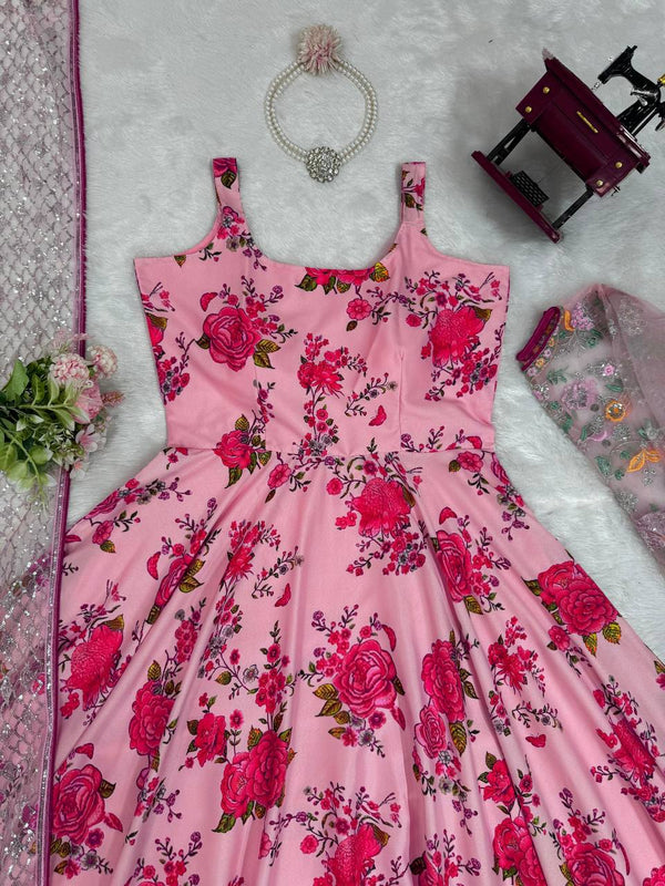 Pink Elegant Butterfly Net Designer Gown Set ClothsVilla