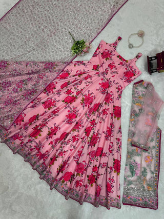 Pink Elegant Butterfly Net Designer Gown Set ClothsVilla