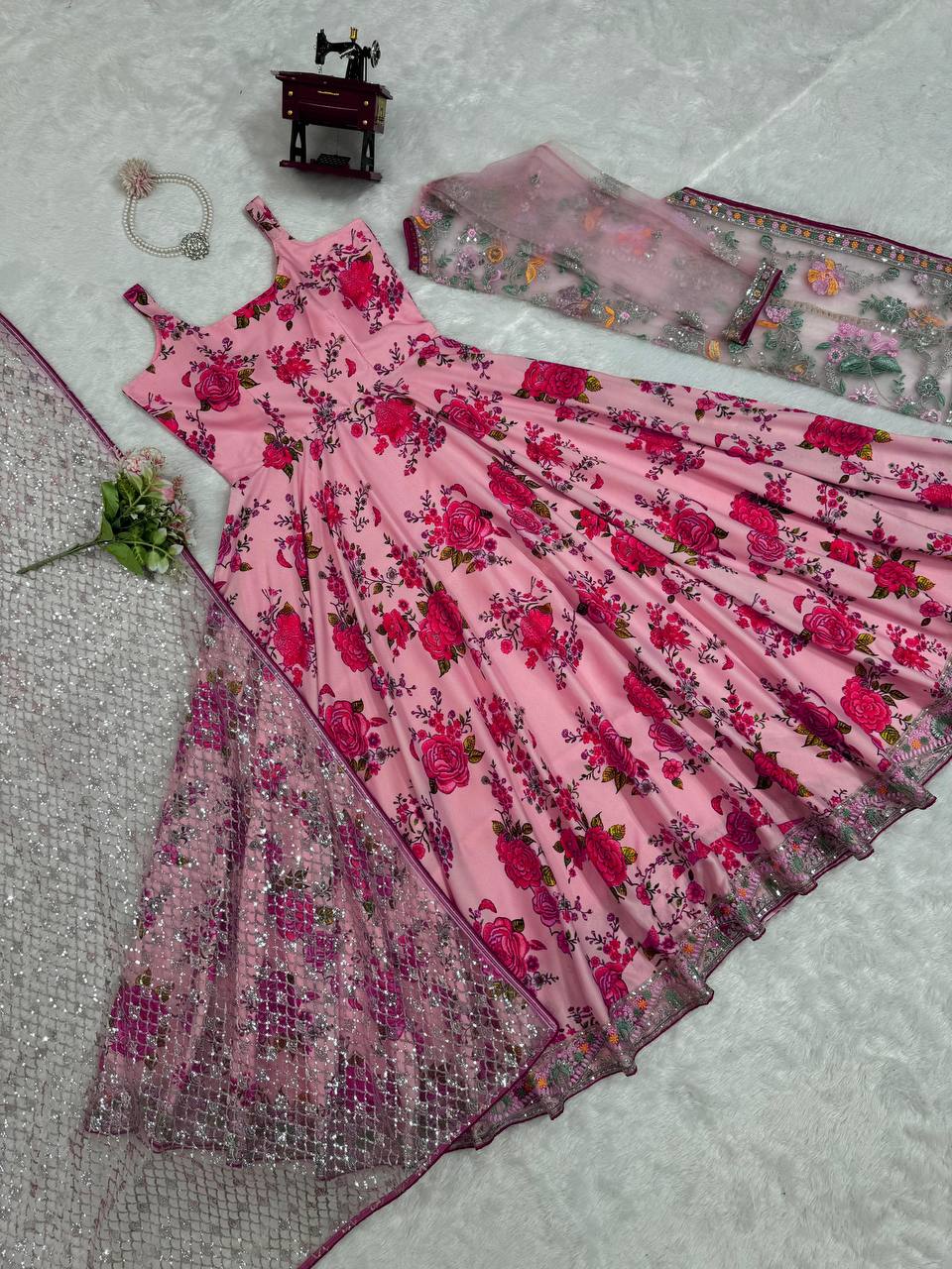 Pink Elegant Butterfly Net Designer Gown Set ClothsVilla