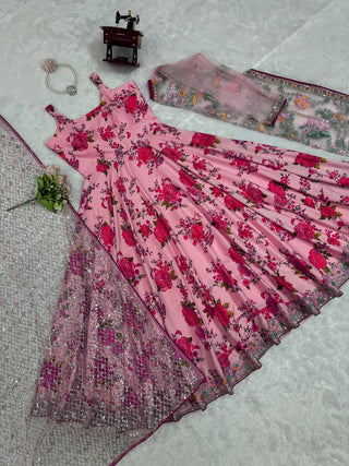 Pink Elegant Butterfly Net Designer Gown Set ClothsVilla