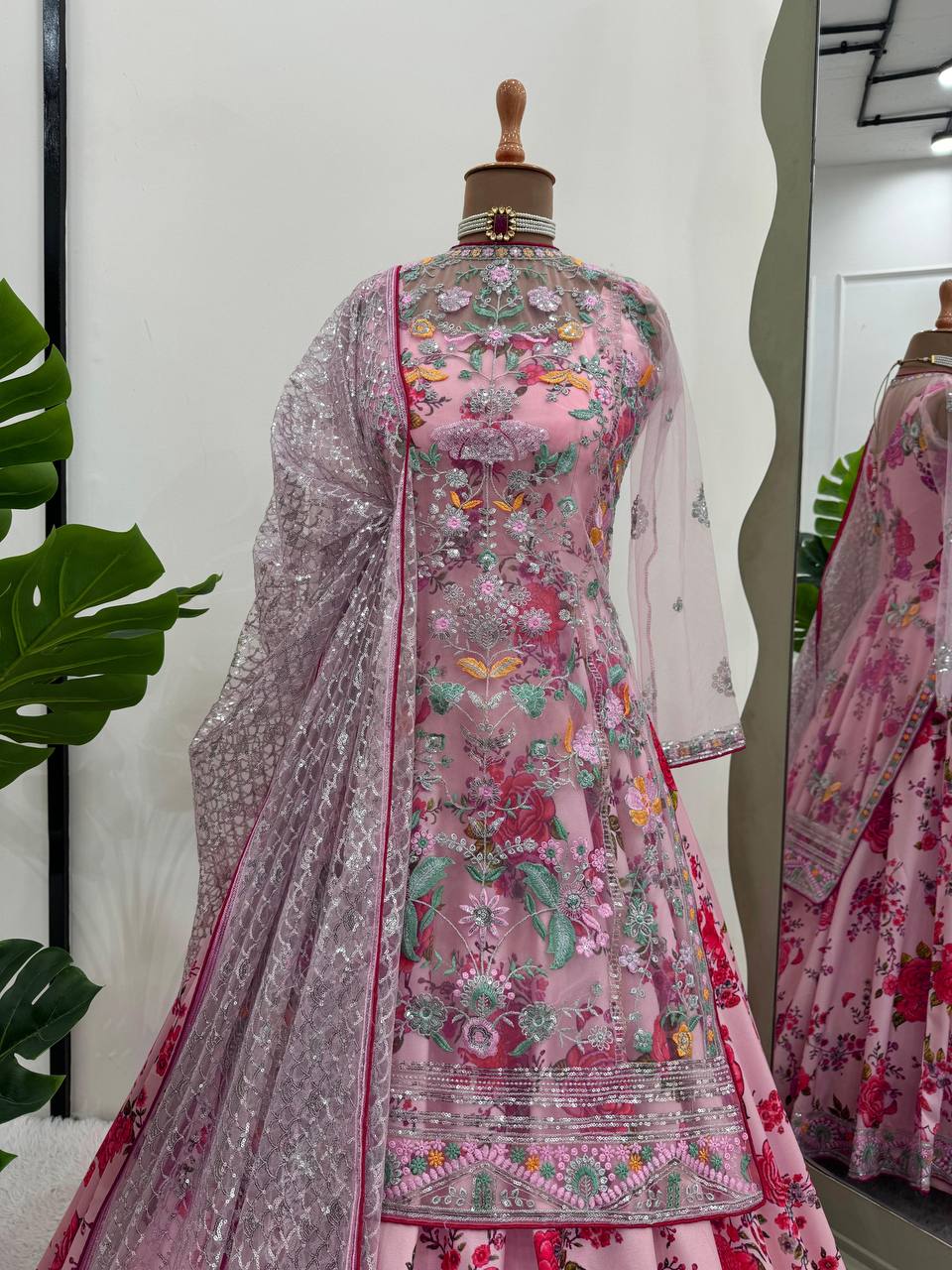 Pink Elegant Butterfly Net Designer Gown Set ClothsVilla