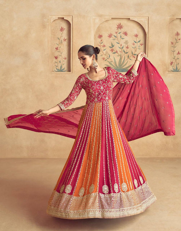 Pink Elegant Chinon Embroidered Gown with Dupatta ClothsVilla